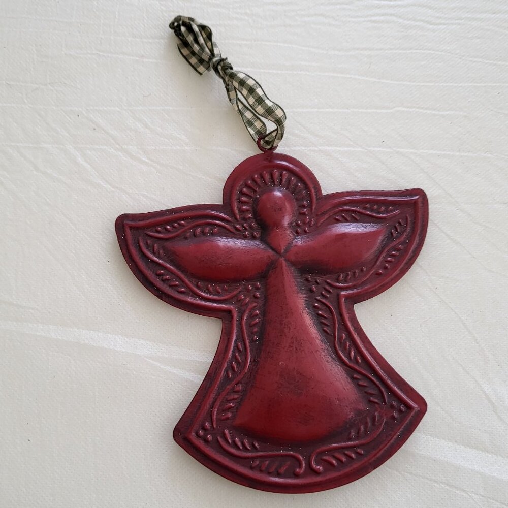 Angel Ornament Wall Decor Plaid Ribbon Burgundy Christmas Tree Religious Maroon